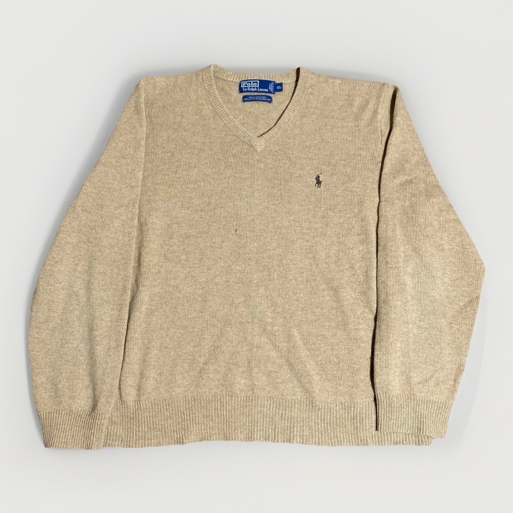 Polo Ralph Lauren Sweater Mens X-Large Beige Lambs Wool Pony Sweatshirt Vtg Hole